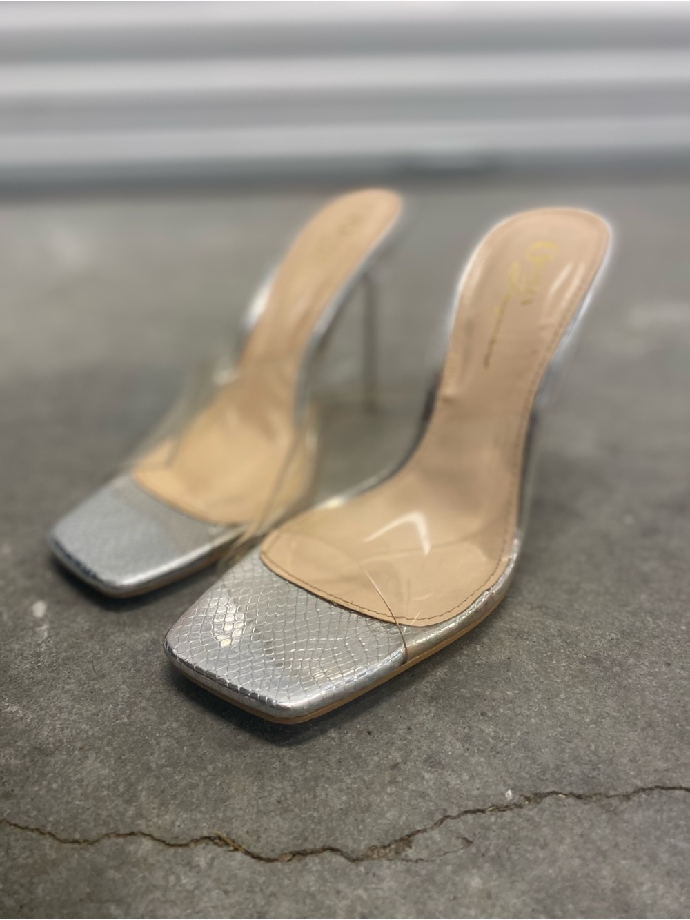 Olivia Jaymes Clear Strap Silver High Heel Mules